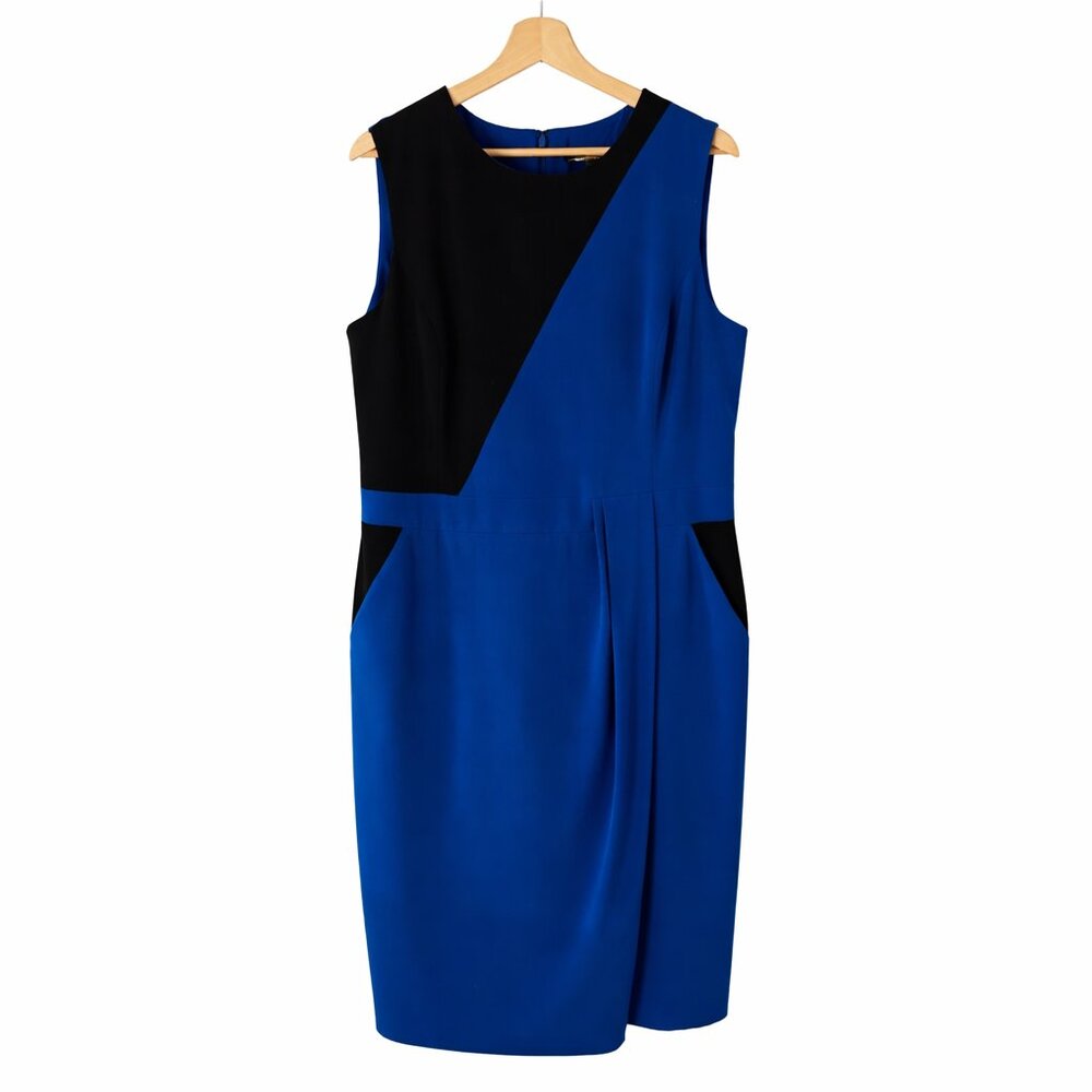 Nine West Blue & Black Colorblock Shift Dress Front Flounce Pockets Lined